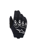 Alpinestars Youth & Kids Full Bore V2 Gloves, Motocross Gloves, Black and White, featuring ergonomic TPR knuckle protection with white outlines, large white Alpinestars logo, breathable textile construction for off-road racing