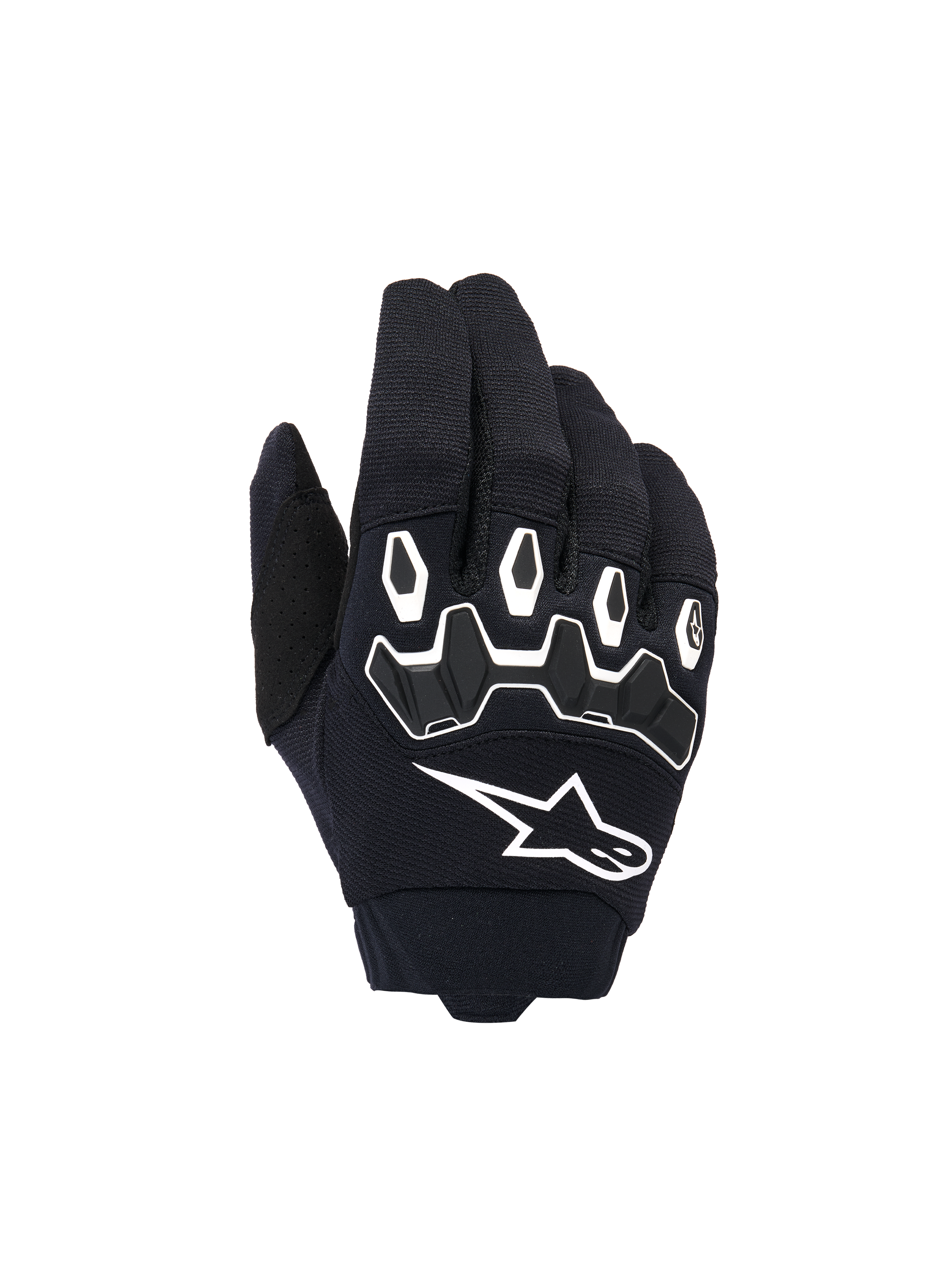 Alpinestars Youth & Kids Full Bore V2 Gloves, Motocross Gloves, Black and White, featuring ergonomic TPR knuckle protection with white outlines, large white Alpinestars logo, breathable textile construction for off-road racing