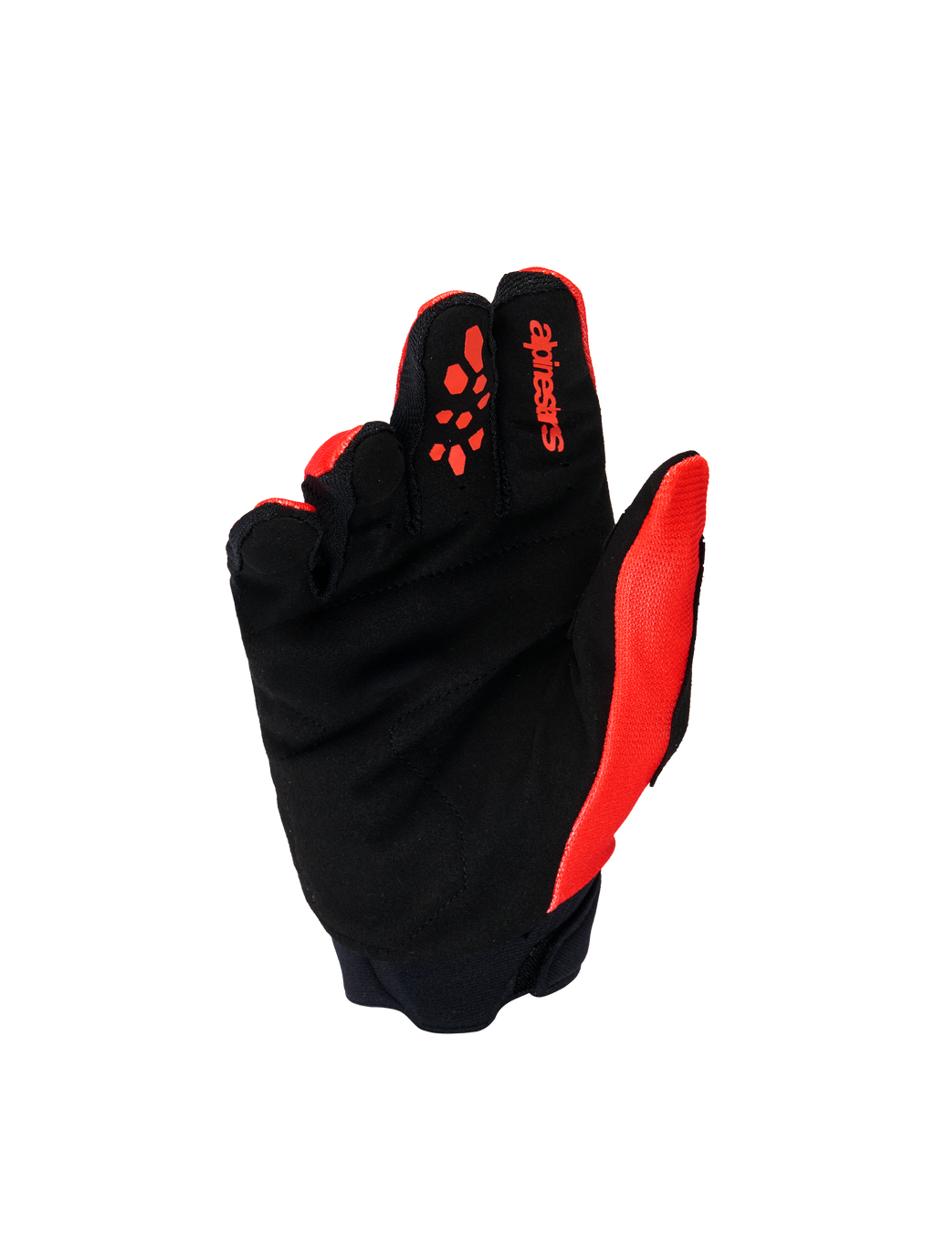Gants Alpinestars Full Bore V2 Junior et Enfant, gants de motocross, rouge vif et noir, vue de la paume montrant du suède synthétique noir renforcé et des motifs d'adhérence en silicone rouge sur les doigts, équipement tout-terrain durable pour jeunes pilotes.