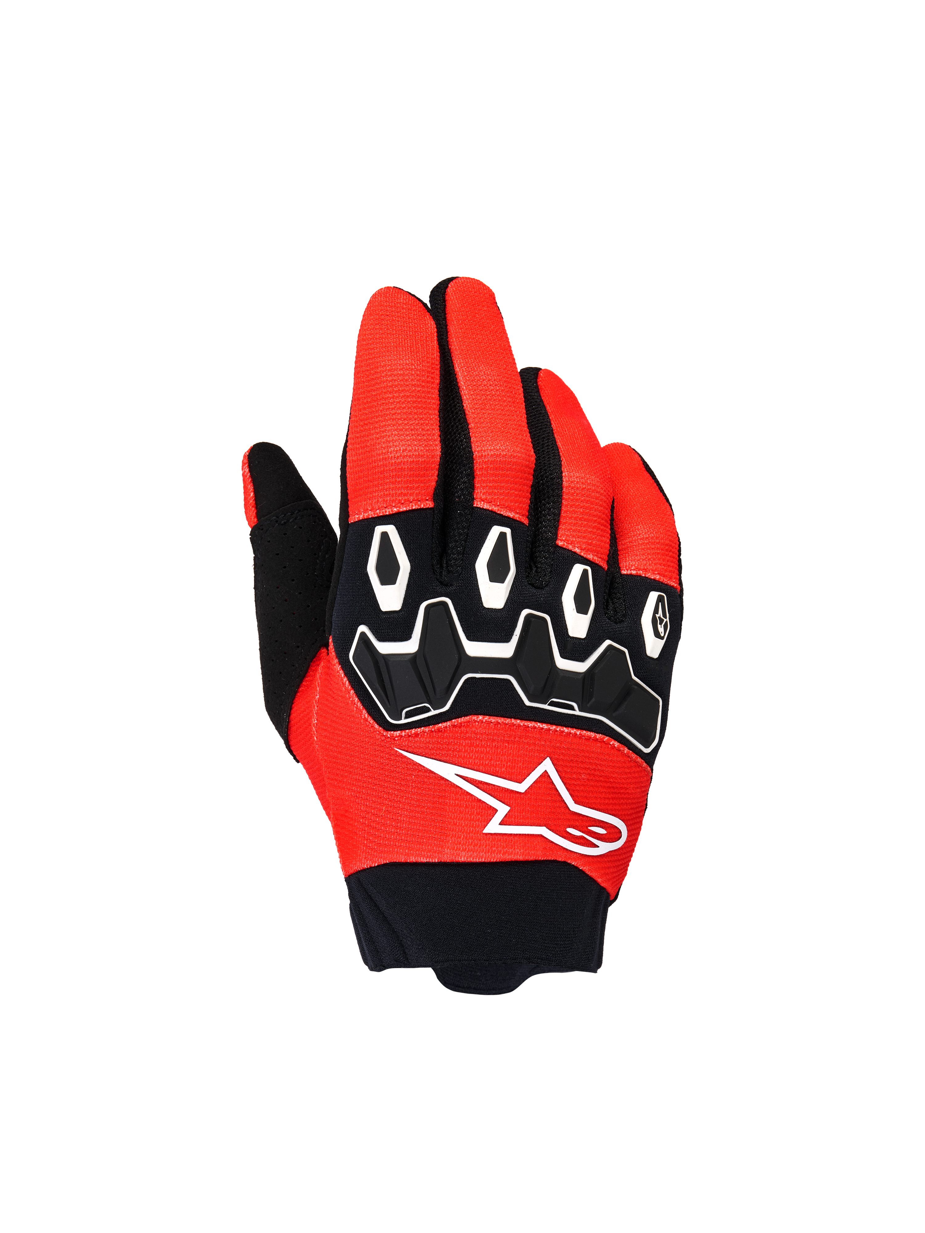 Alpinestars Youth & Kids Full Bore V2, gants de motocross, rouge vif et noir, vue de dessus avec protections d'articulations en TPR noir, accents blancs et logo Astar blanc, conception textile durable pour le pilotage tout-terrain