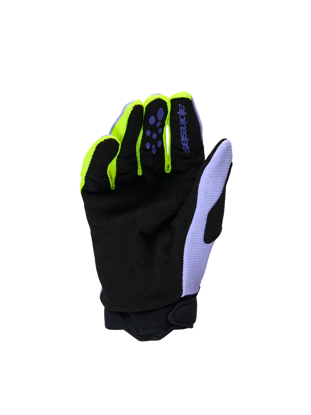 Gants Alpinestars Full Bore V2 Junior et Enfant, gants de motocross, violet et jaune fluo, vue de la paume avec suède synthétique noir renforcé, détails jaune fluo sur les doigts et empiècement lavande sur le pouce, construction durable pour jeunes pilotes tout-terrain