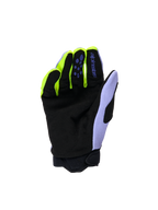 Gants Alpinestars Full Bore V2 Junior et Enfant, gants de motocross, violet et jaune fluo, vue de la paume avec suède synthétique noir renforcé, détails jaune fluo sur les doigts et empiècement lavande sur le pouce, construction durable pour jeunes pilotes tout-terrain
