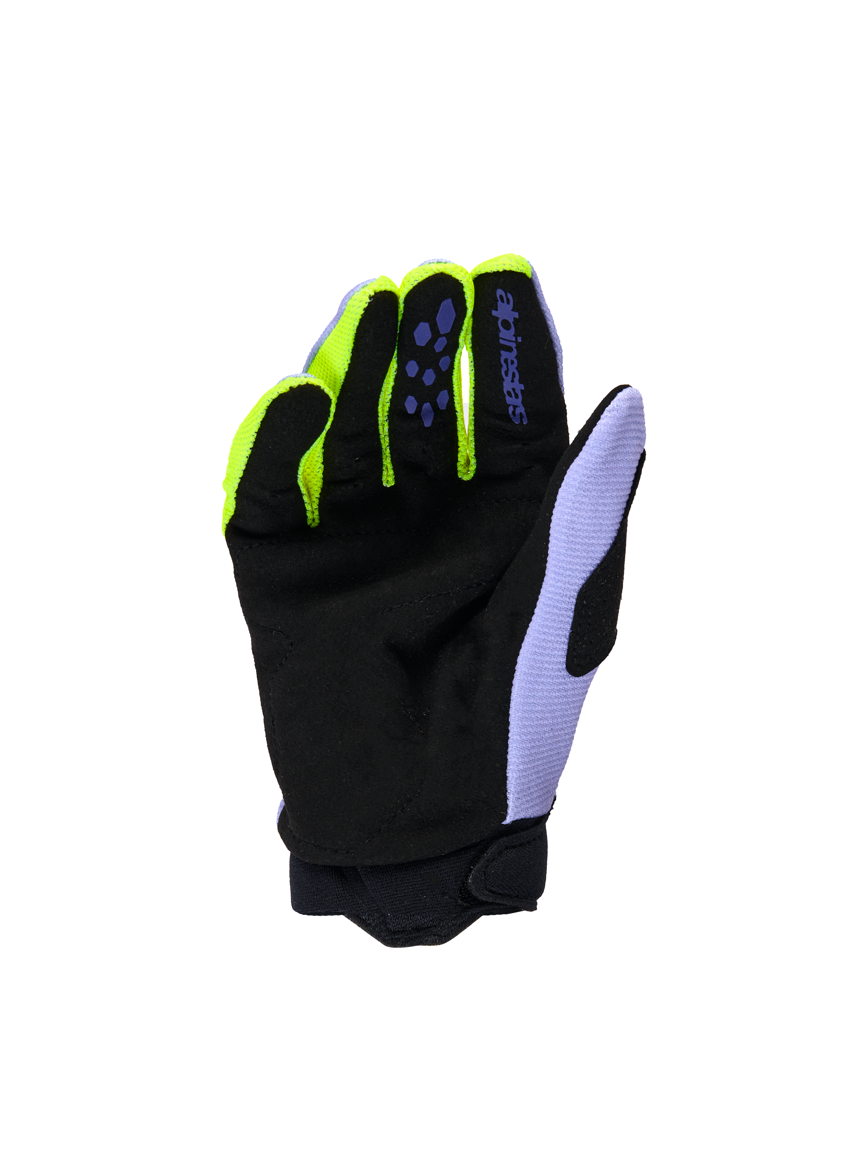Gants Alpinestars Full Bore V2 Junior et Enfant, gants de motocross, violet et jaune fluo, vue de la paume avec suède synthétique noir renforcé, détails jaune fluo sur les doigts et empiècement lavande sur le pouce, construction durable pour jeunes pilotes tout-terrain