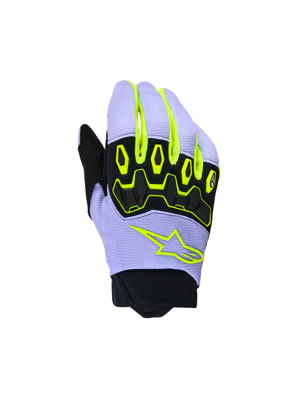 Gants de motocross Alpinestars Youth & Kids Full Bore V2, violet et jaune fluo, dotés d'une protection des articulations en TPR noir et du logo étoile Alpinestars jaune fluo, construction respirante avec poignet en néoprène, design sportif tout-terrain