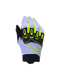 Gants de motocross Alpinestars Youth & Kids Full Bore V2, violet et jaune fluo, dotés d'une protection des articulations en TPR noir et du logo étoile Alpinestars jaune fluo, construction respirante avec poignet en néoprène, design sportif tout-terrain