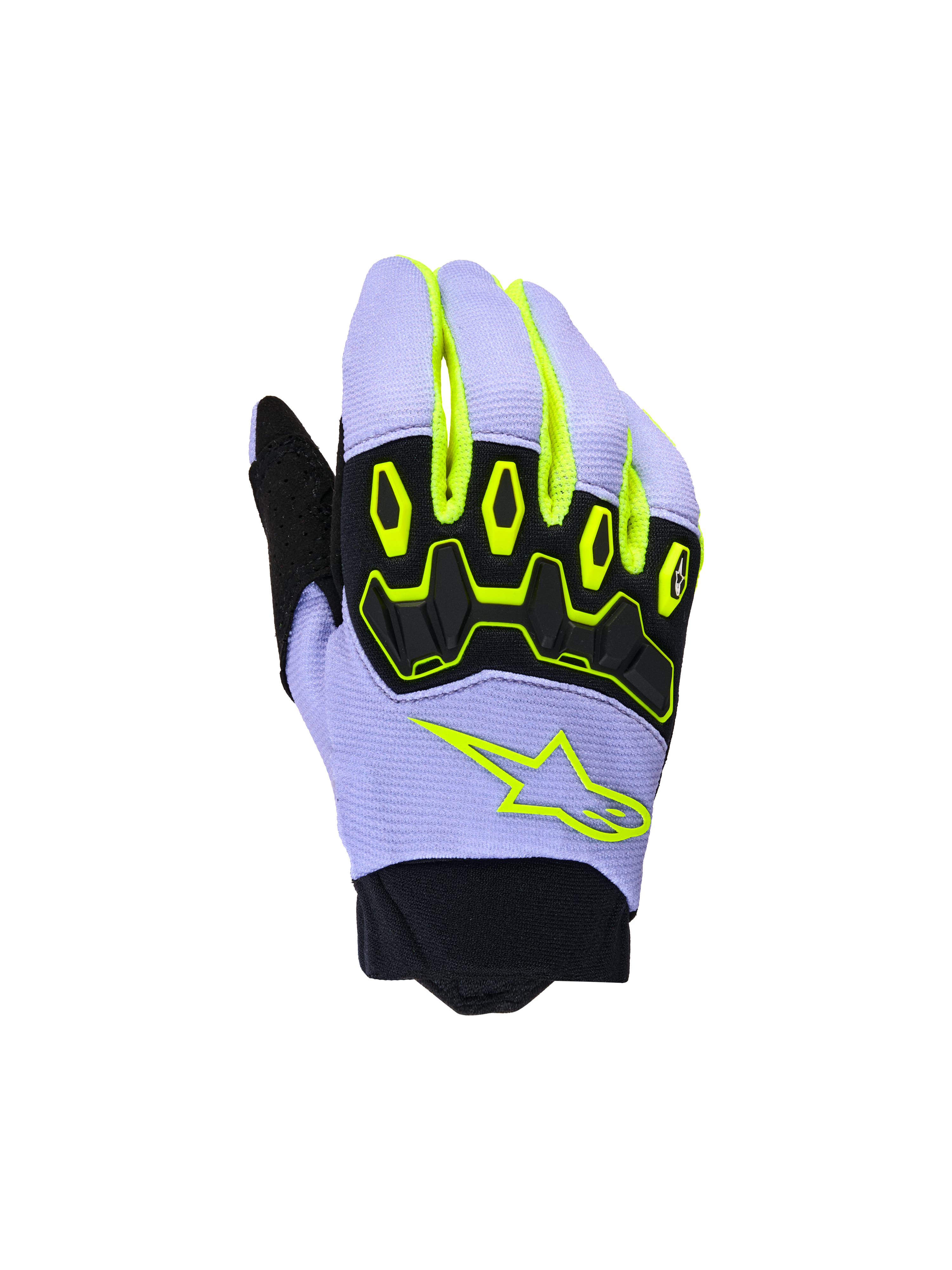 Alpinestars Youth & Kids Full Bore V2 Gloves, Motocross Gloves, Purple Yellow Fluo, featuring black TPR knuckle protection and neon yellow Alpinestars star logo, breathable construction with neoprene cuff, sporty off-road design