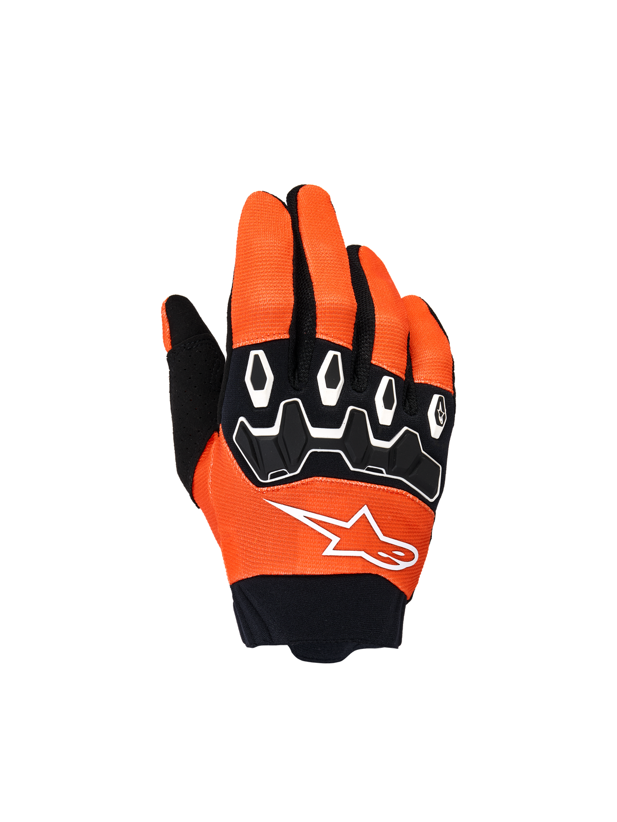 Gants Alpinestars Youth & Kids Full Bore V2, gants de motocross, orange, blanc et noir, dotés d'une protection des articulations en TPR noir avec motifs géométriques blancs, logo étoile blanc et poignet en néoprène noir, équipement tout-terrain pour enfant