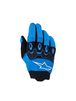Gants Alpinestars Youth & Kids Full Bore V2, gants de motocross, bleu UCLA et noir, avec protection des articulations en TPR noir, logo Alpinestars étoilé blanc sur le dos de la main et tissu extensible respirant, design sportif pour le pilotage tout-terrain.