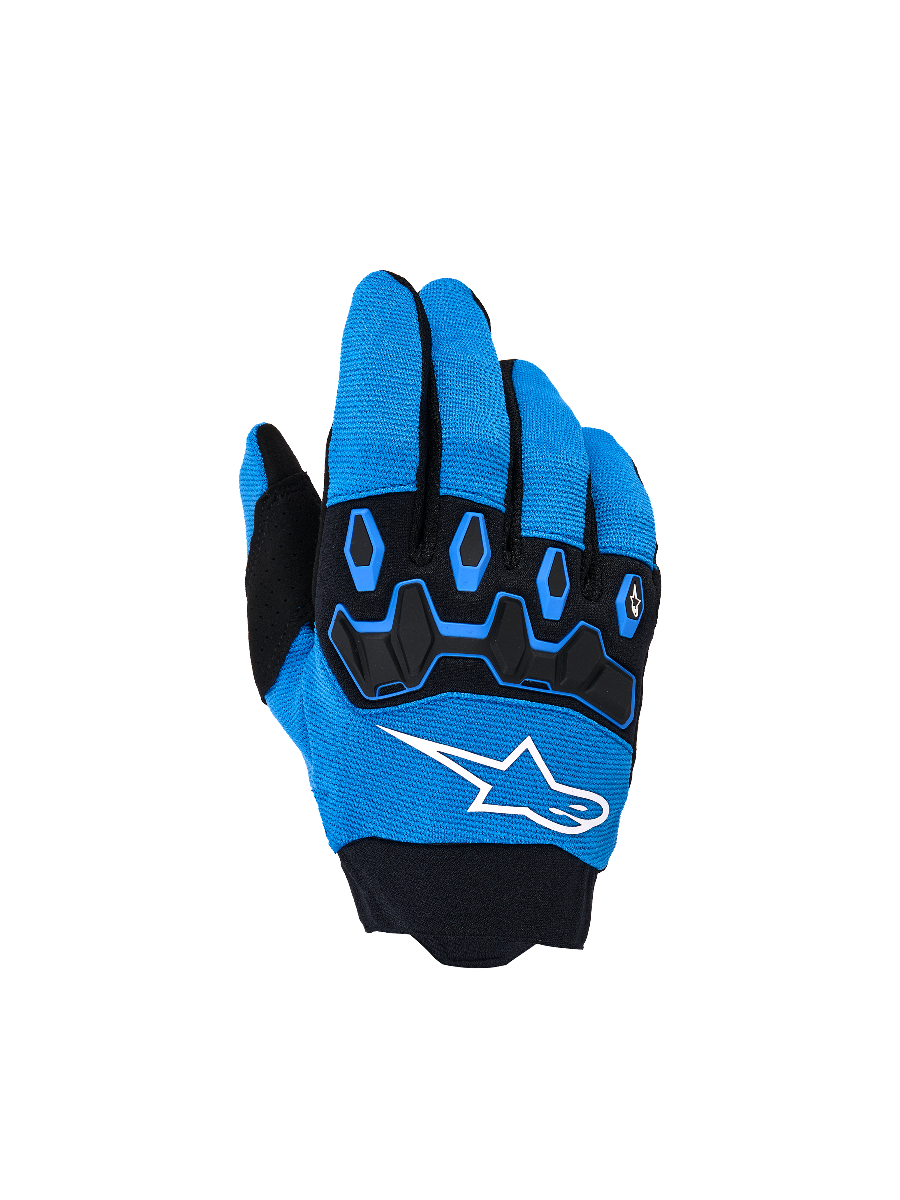 Gants Alpinestars Youth & Kids Full Bore V2, gants de motocross, bleu UCLA et noir, avec protection des articulations en TPR noir, logo Alpinestars étoilé blanc sur le dos de la main et tissu extensible respirant, design sportif pour le pilotage tout-terrain.