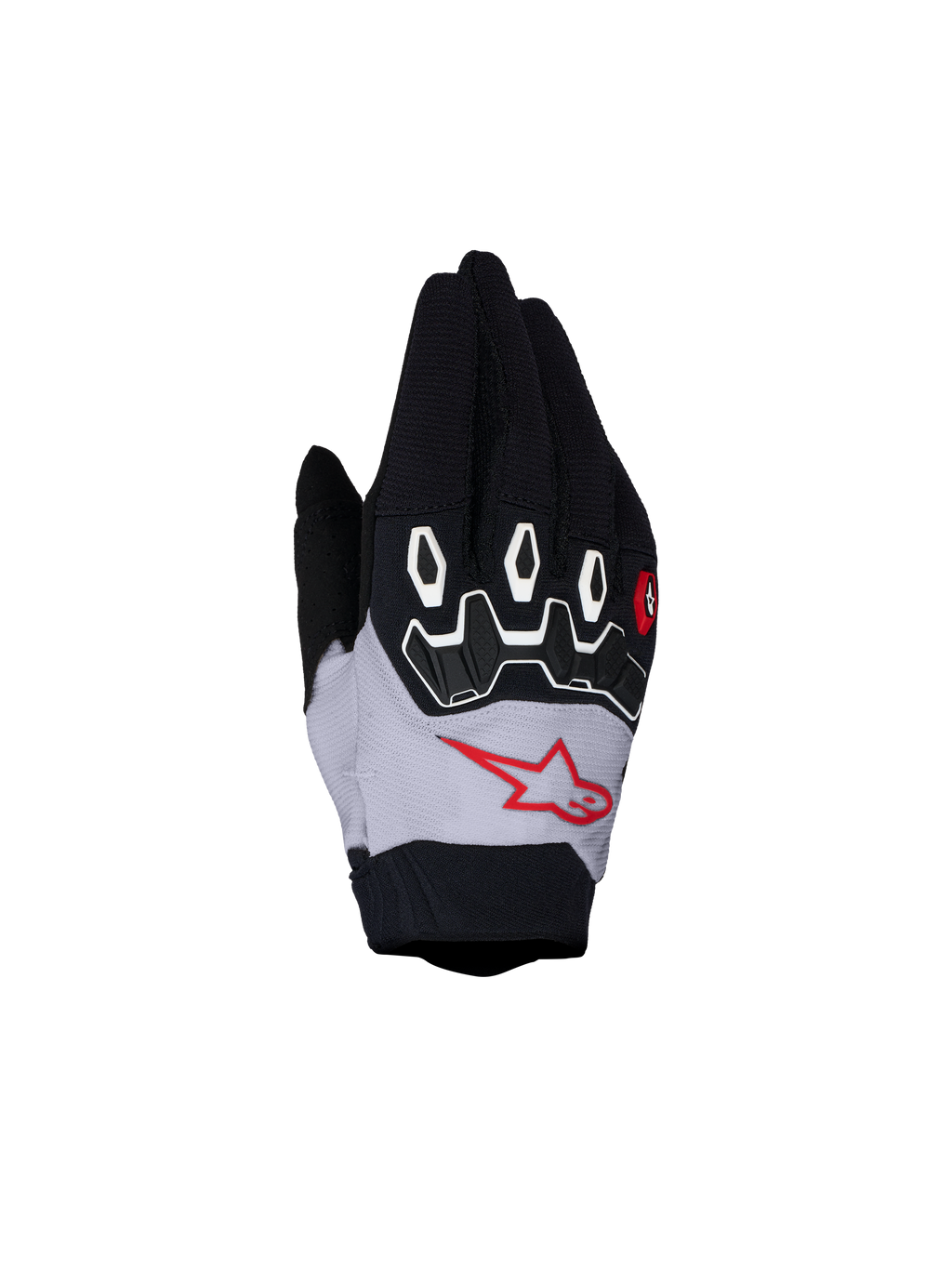 Gants Alpinestars Full Bore V2 Junior, gants de motocross noirs et lilas clair avec protection TPR et logo rouge.