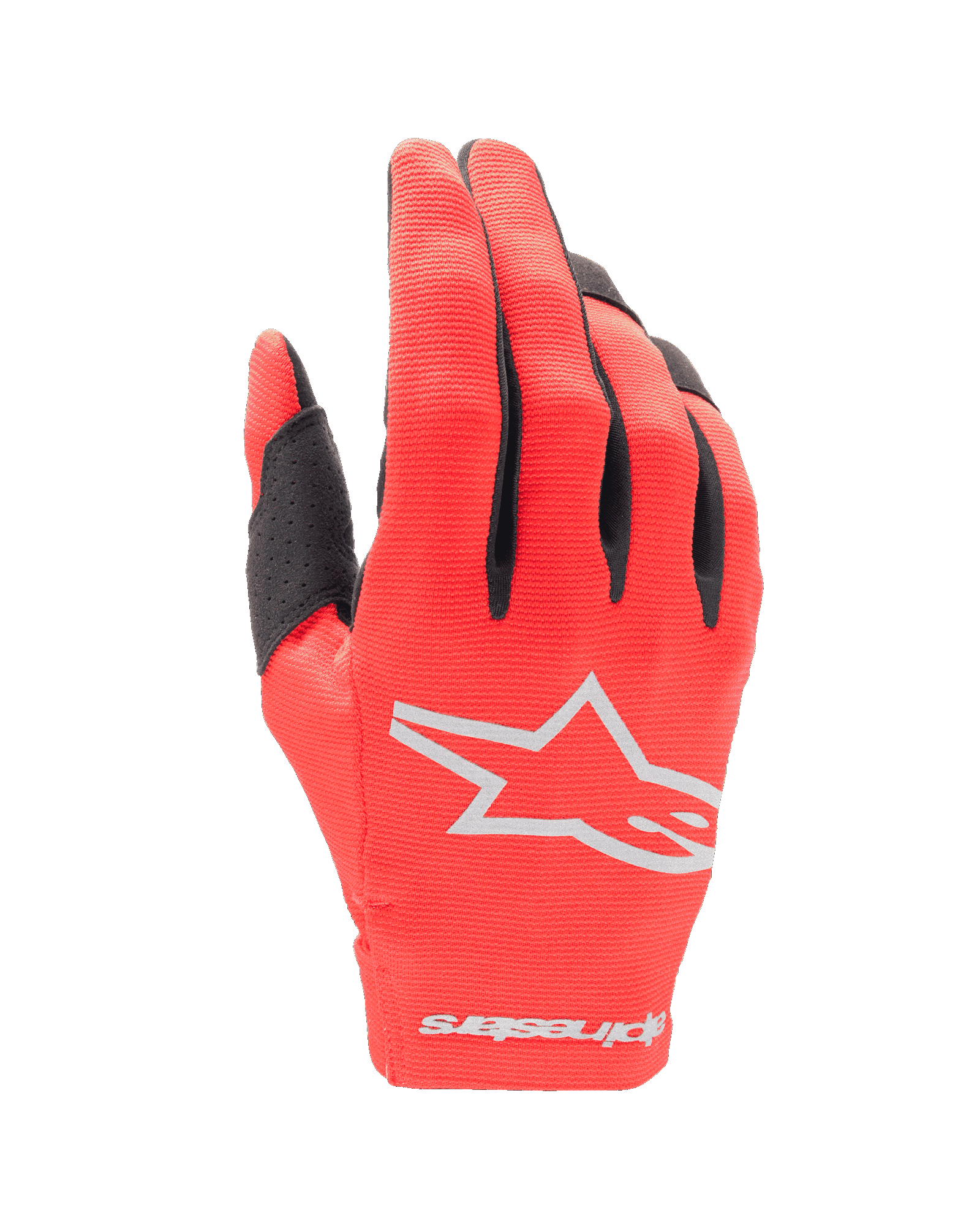 Gants Alpinestars Youth 2024 Radar, gants de motocross, rouge Mars et argent, vue du dos de la main avec logo étoile blanc et inscription sur le poignet, tissu extensible léger avec accents noirs sur les doigts, équipement de course tout-terrain durable pour enfant