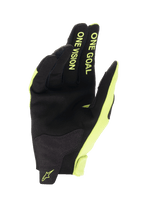 Alpinestars Youth 2024 Radar Gloves, Motocross Gloves, Black and Yellow Fluo, palm view featuring synthetic suede construction, "ONE GOAL ONE VISION" text on fingers in fluorescent yellow, durable design for off-road racing