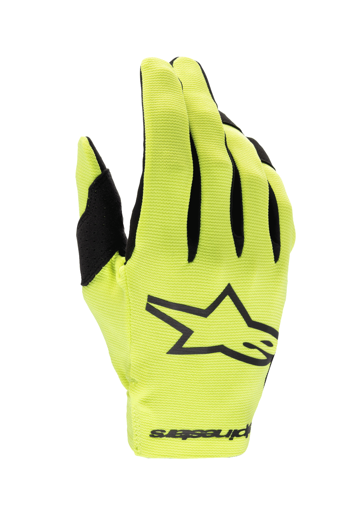 Gants Radar Junior 2024 Alpinestars, gants de motocross, jaune fluo et noir, dotés d'un grand logo étoile noir sur le dos de la main, tissu extensible léger avec des touches de noir sur les doigts, protection de course performante pour les jeunes