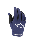 Alpinestars 2025 Youth Radar Gloves, Motocross Gloves, Night Navy and White, featuring a white star logo on the backhand and Alpinestars text on the wrist, single-layer stretch construction for off-road racing