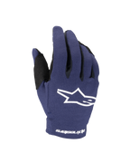 Alpinestars 2025 Youth Radar Gloves, Motocross Gloves, Night Navy and White, featuring a white star logo on the backhand and Alpinestars text on the wrist, single-layer stretch construction for off-road racing