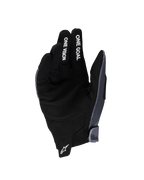 Alpinestars 2025 Youth Radar Gloves, Motocross Gloves, Gray and Black, palm side view with synthetic suede material, white 'ONE GOAL' and 'ONE VISION' text on fingers, white star logo on wrist pull tab, specialized for youth off-road racing