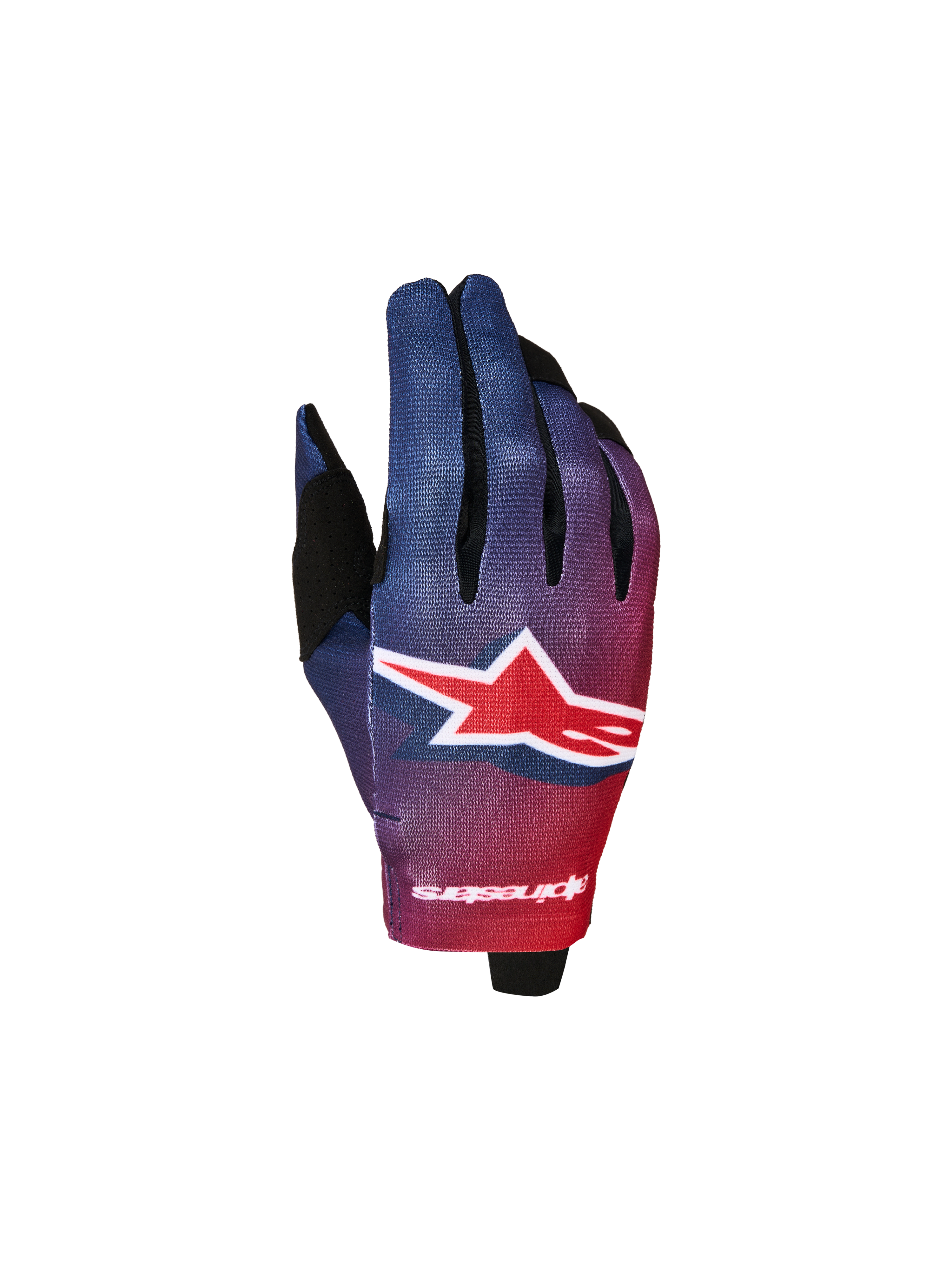 Alpinestars 2027 Youth Radar Gloves, Fire Red and Deep Blue motocross gloves with a stretch backhand.