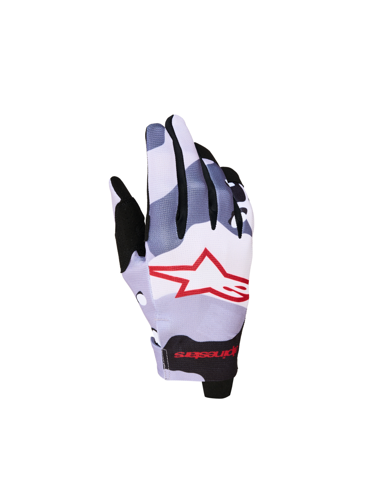 Alpinestars gants Radar Junior, gants de motocross gris et rouges pour enfant, motif camouflage et logo étoile rouge.