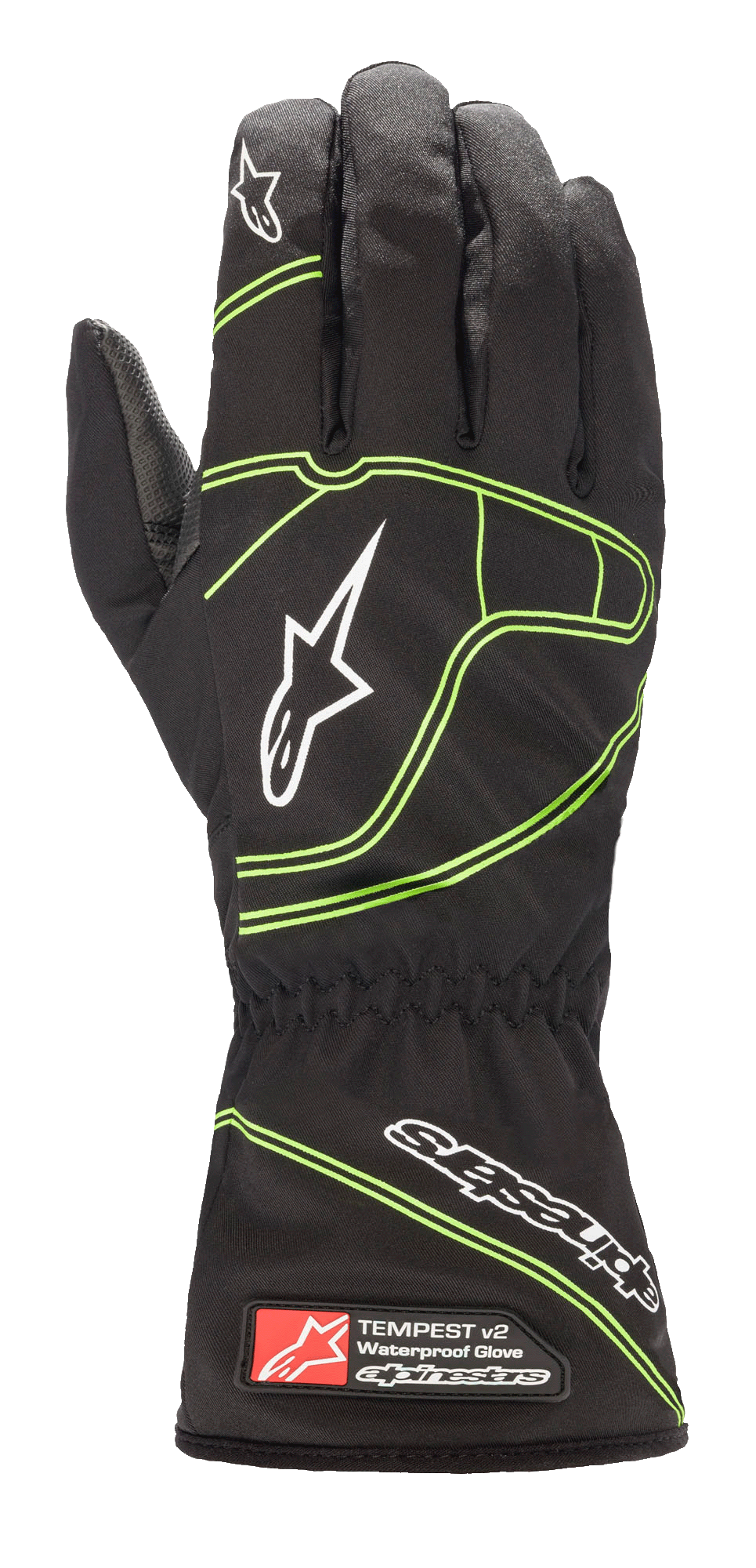 Alpinestars Youth Tempest V2 Waterproof Gloves, Black with Fluorescent Green accents, featuring a long gauntlet cuff with elasticated wrist, white star logos on fingers and back of hand, waterproof textile construction for youth karting