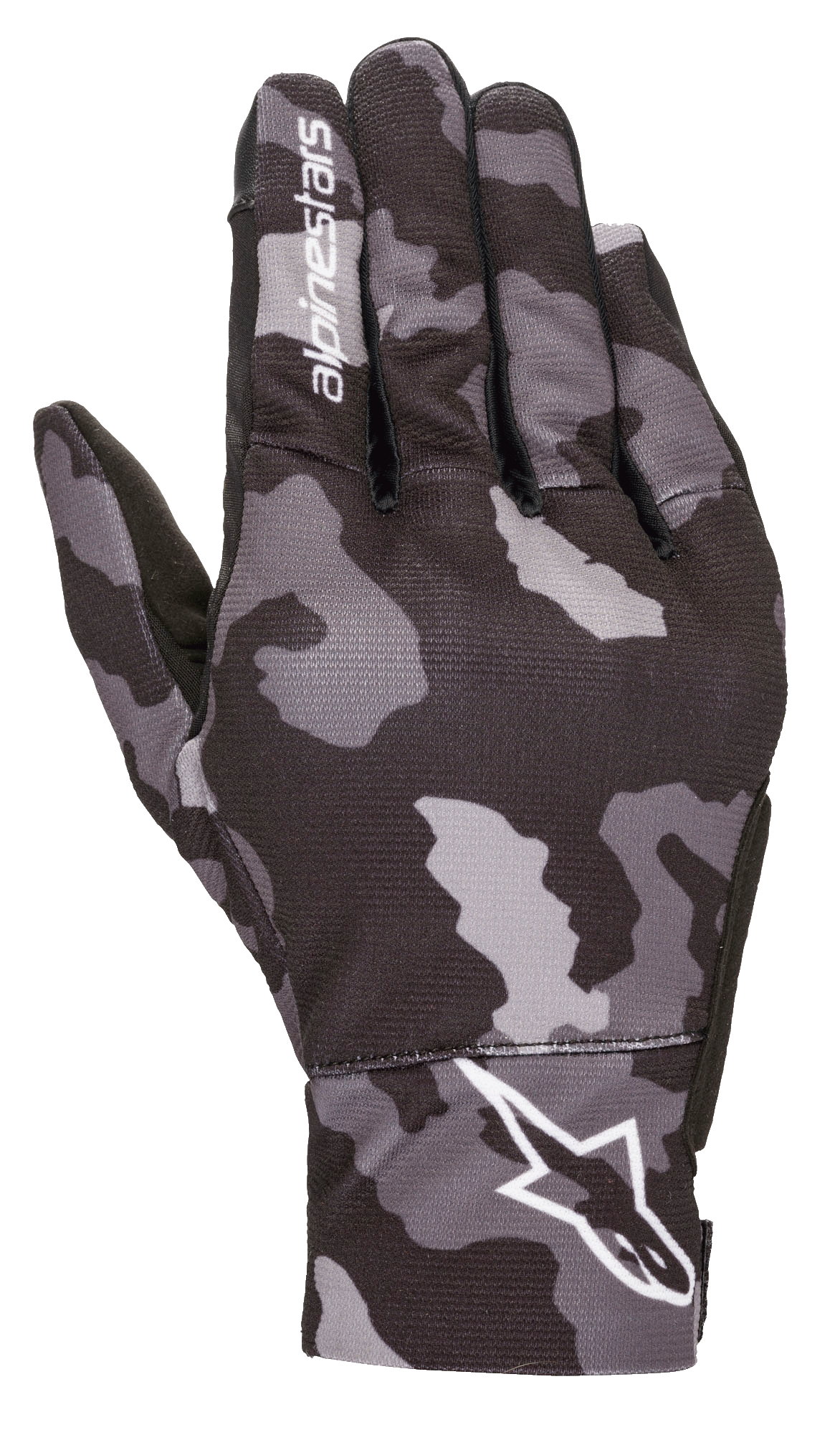 Alpinestars Youth Reef Gloves, Urban Motorcycle Gloves, Black Gray Camo, backhand view featuring a gray camouflage pattern with white Alpinestars branding on the wrist and index finger, lightweight stretch textile construction