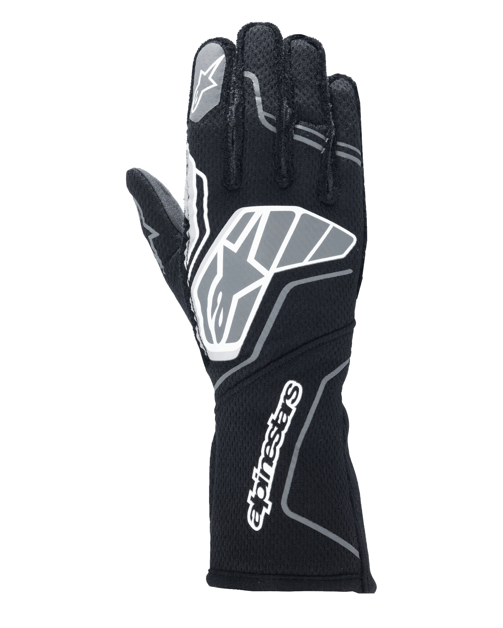 Gants Alpinestars Tech-1 ZX V4, gants de course automobile, noir et gris anthracite, avec un grand logo étoile sur le revers et le nom Alpinestars sur la manchette longue, logo étoile sur l'index, construction ignifuge professionnelle