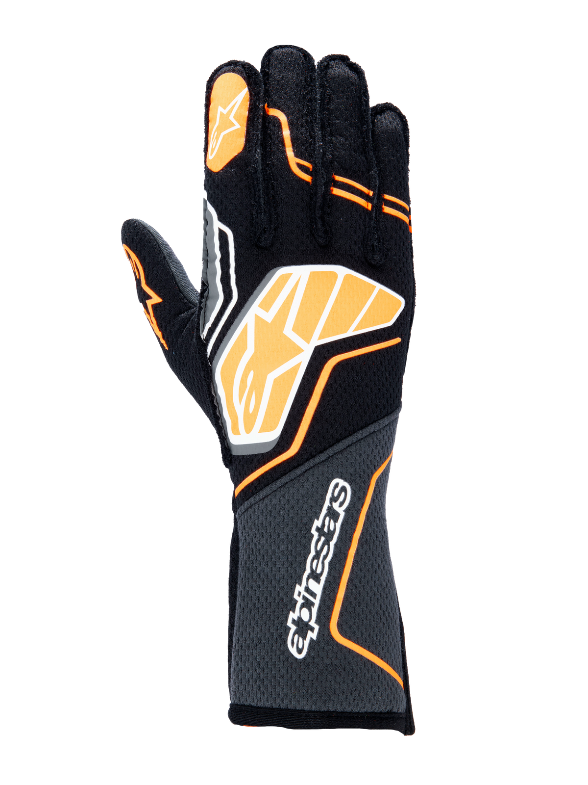 Alpinestars Tech-1 ZX V4 Gloves, Auto Racing Gloves, Black with Orange Fluo and White accents, featuring a large graphic logo on the back of the hand, honeycomb textured fabric on the cuff, sporty geometric design for professional racing