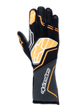 Alpinestars Tech-1 ZX V4 Gloves, Auto Racing Gloves, Black with Orange Fluo and White accents, featuring a large graphic logo on the back of the hand, honeycomb textured fabric on the cuff, sporty geometric design for professional racing