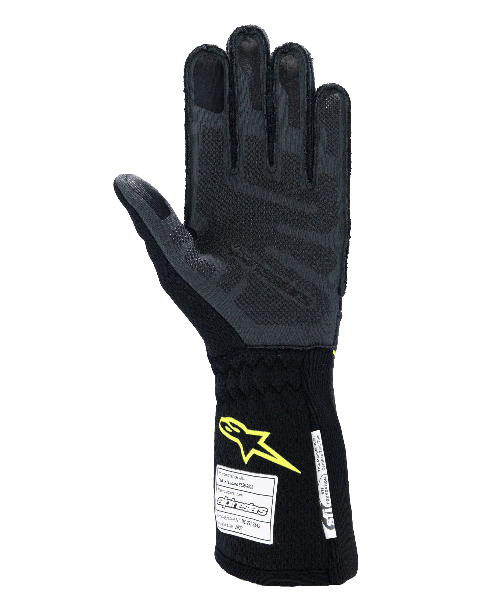 Alpinestars Tech-1 ZX V4 Gloves, Auto Racing Gloves, Tar Gray and Black with Yellow Fluo logo, palm view showing textured 3D silicone grip and FIA/SFI safety certification labels, professional motorsport equipment