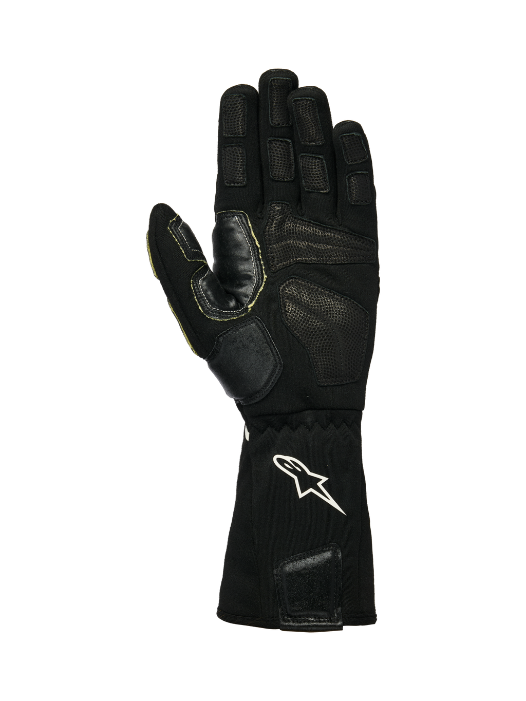 Alpinestars Tech-M V2 Gloves FIA, gants pour équipe de stand, noir et blanc, vue de la paume montrant le cuir texturé et les patchs d'adhérence en silicone, logo étoile blanc sur le poignet élastiqué, conçus pour l'utilisation de pistolets à roue en sport automobile