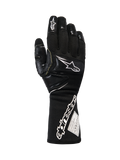 Gants Alpinestars Tech-M V2 FIA, gants de course noirs et blancs pour équipe de stand, dotés d'une manchette longue avec marquage Alpinestars et étiquette de certification FIA, renforts aux articulations et aux doigts pour une protection contre les chocs, équipement de sport automobile professionnel