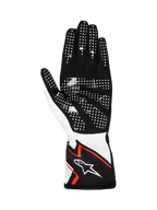 Alpinestars Tech-1 K Race V2 Gloves Graphic 1, Karting Gloves, White Black and Hot Orange, palm view featuring black synthetic suede with white silicone grip dots, ergonomic design with Alpinestars logo on the cuff