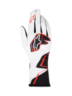Alpinestars Tech-1 K Race V2 Gloves Graphic 1, Karting Gloves, White with Black and Hot Orange geometric design, featuring the Alpinestars star logo on the back and index finger, lightweight breathable textile with an extended cuff