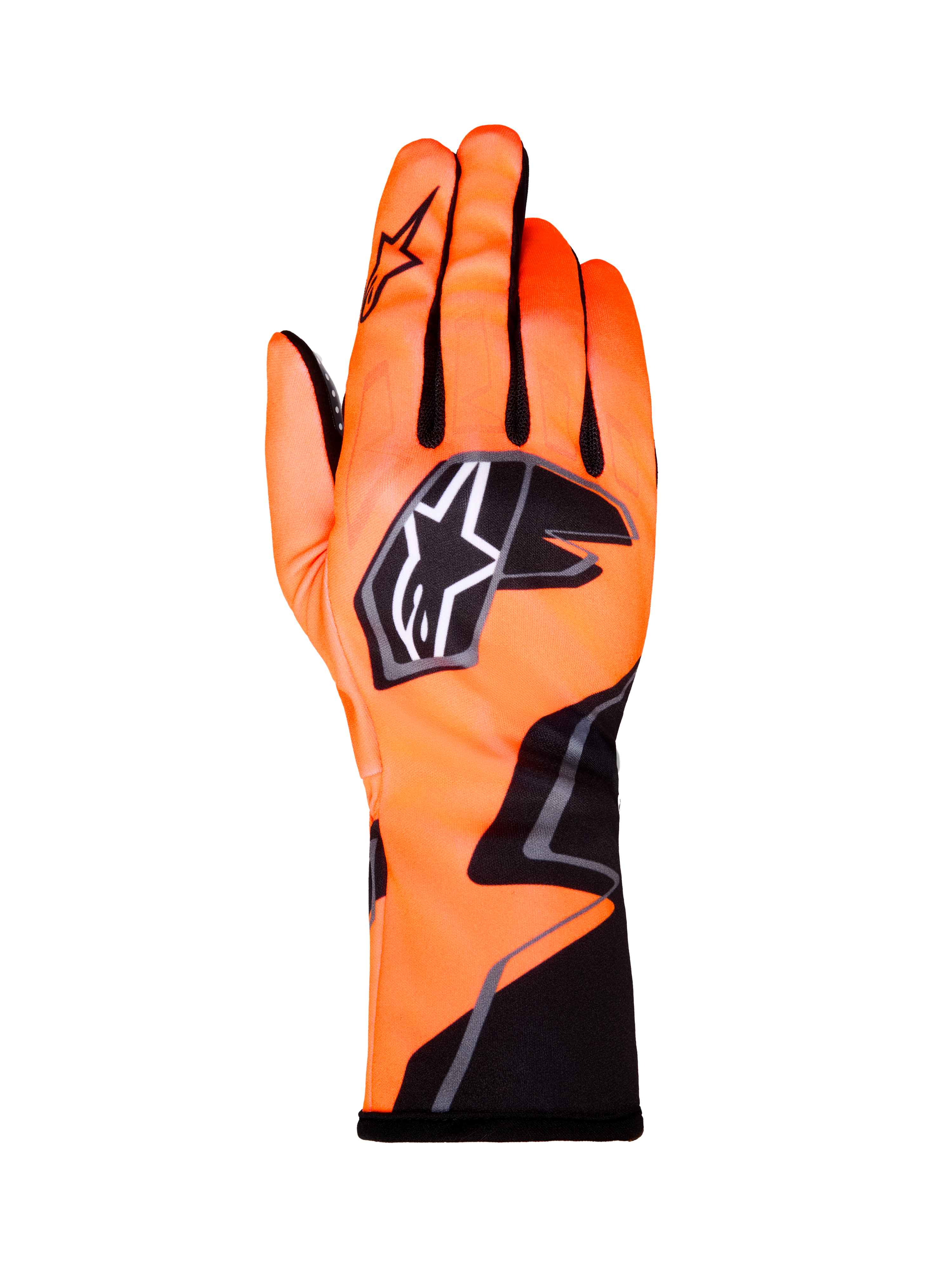 Alpinestars Tech-1 K Race V2 Gloves Graphic 1, Karting Racing Gloves, Orange Fluo with Black and White accents, back view of left-hand glove, bold star logo, form-fitting textile design with angular graphics
