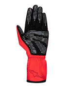 Alpinestars Tech-1 K Race V2 Pure Gloves, Karting Gloves, Red and Black, palm side view featuring silicone print with white dotted pattern for grip, synthetic suede material, elasticated gauntlet cuff with Alpinestars logo