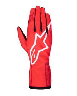 Gants Alpinestars Youth Tech-1 K Race S V2 Pure, gants de course de karting, rouge éclatant avec grand logo étoile Alpinestars blanc, accents noirs sur les doigts et le poignet, construction légère en maille polyester pour jeunes pilotes, vue de dessus montrant le dos du gant