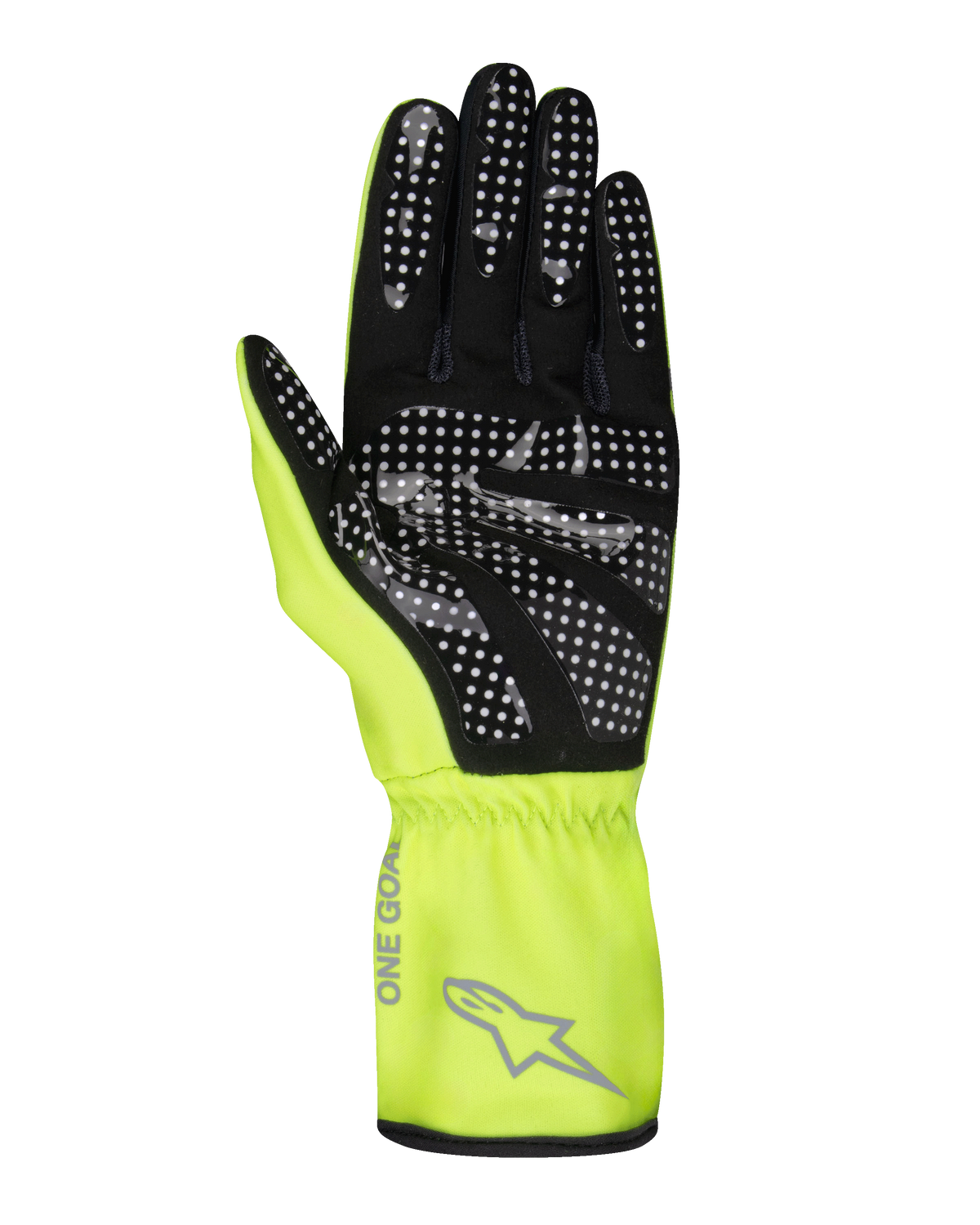 Alpinestars Tech-1 K Race V2 Pure Gloves, Karting Gloves, Yellow Fluo and Black, palm view showing white dotted silicone grip pattern, gray Alpinestars logo and 'ONE GOAL' text on the gauntlet cuff, professional motorsport gear