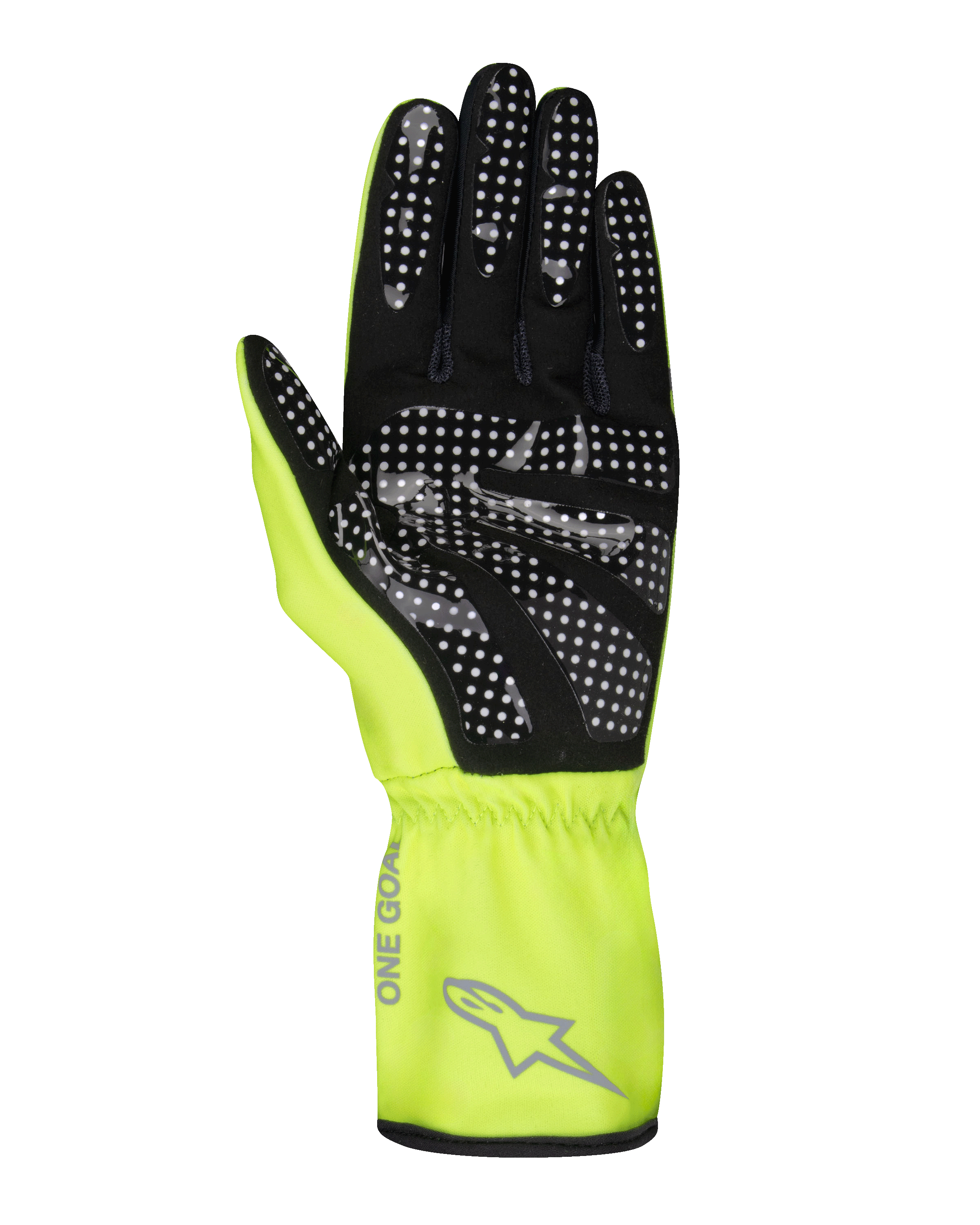 Gants Alpinestars Tech-1 K Race V2 Pure, gants de karting, jaune fluo et noir, vue de la paume montrant un motif d'adhérence en silicone à points blancs, logo Alpinestars gris et texte 'ONE GOAL' sur la manchette, équipement de sport automobile professionnel