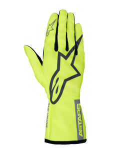 Alpinestars Youth Tech-1 K Race S V2 Pure Gloves, Karting Racing Gloves, Fluorescent Yellow and Gray, featuring a large A-star logo on the back of the hand, ASTARS branding on the cuff, and mesh finger gussets.