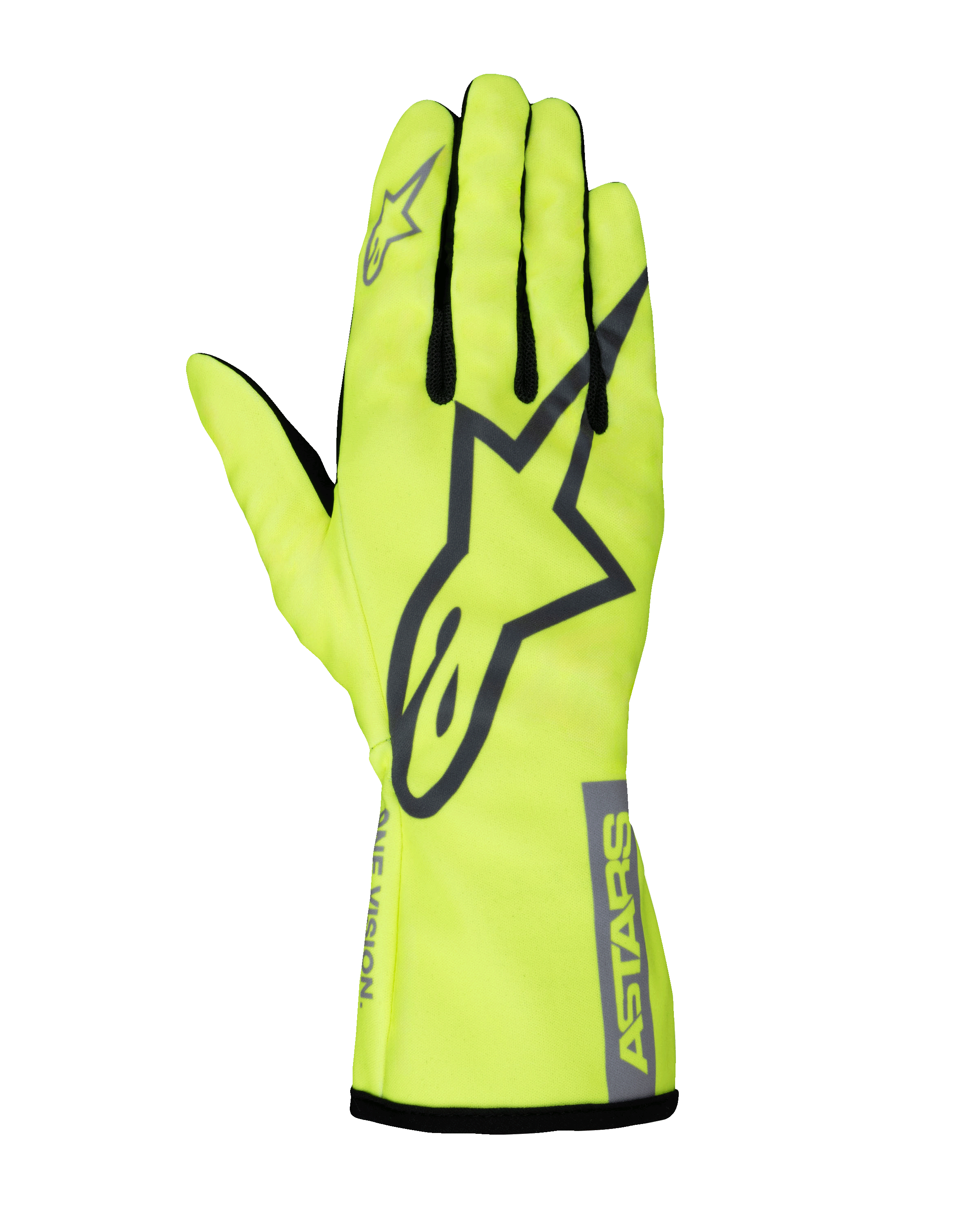 Gants Alpinestars Tech-1 K Race V2 Pure, gants de karting, jaune fluo et gris, grand logo étoile sur le dos, fourchettes noires, équipement de sport automobile léger et haute visibilité