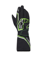 Alpinestars Tempest V3 Waterproof Gloves, Karting Gloves, Black with Fluo Green and silver accents, long gauntlet cuff design, featuring Alpinestars logo branding, durable textile construction for wet-weather racing