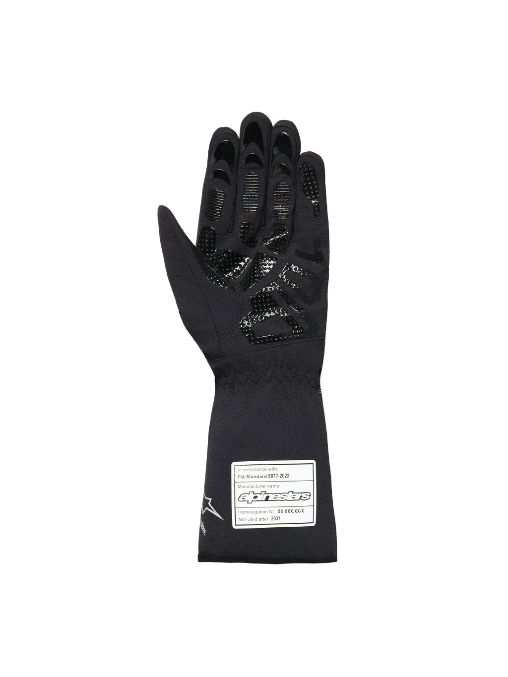 Alpinestars Youth Tempest V3 Waterproof S Gloves, Black karting gloves, palm view showing textured silicone grip pattern on fingers and palm, long gauntlet cuff with white FIA 8877-2022 certification label, waterproof textile design.
