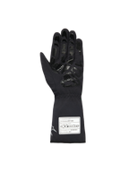 Alpinestars Youth Tempest V3 Waterproof S Gloves, Black karting gloves, palm view showing textured silicone grip pattern on fingers and palm, long gauntlet cuff with white FIA 8877-2022 certification label, waterproof textile design.