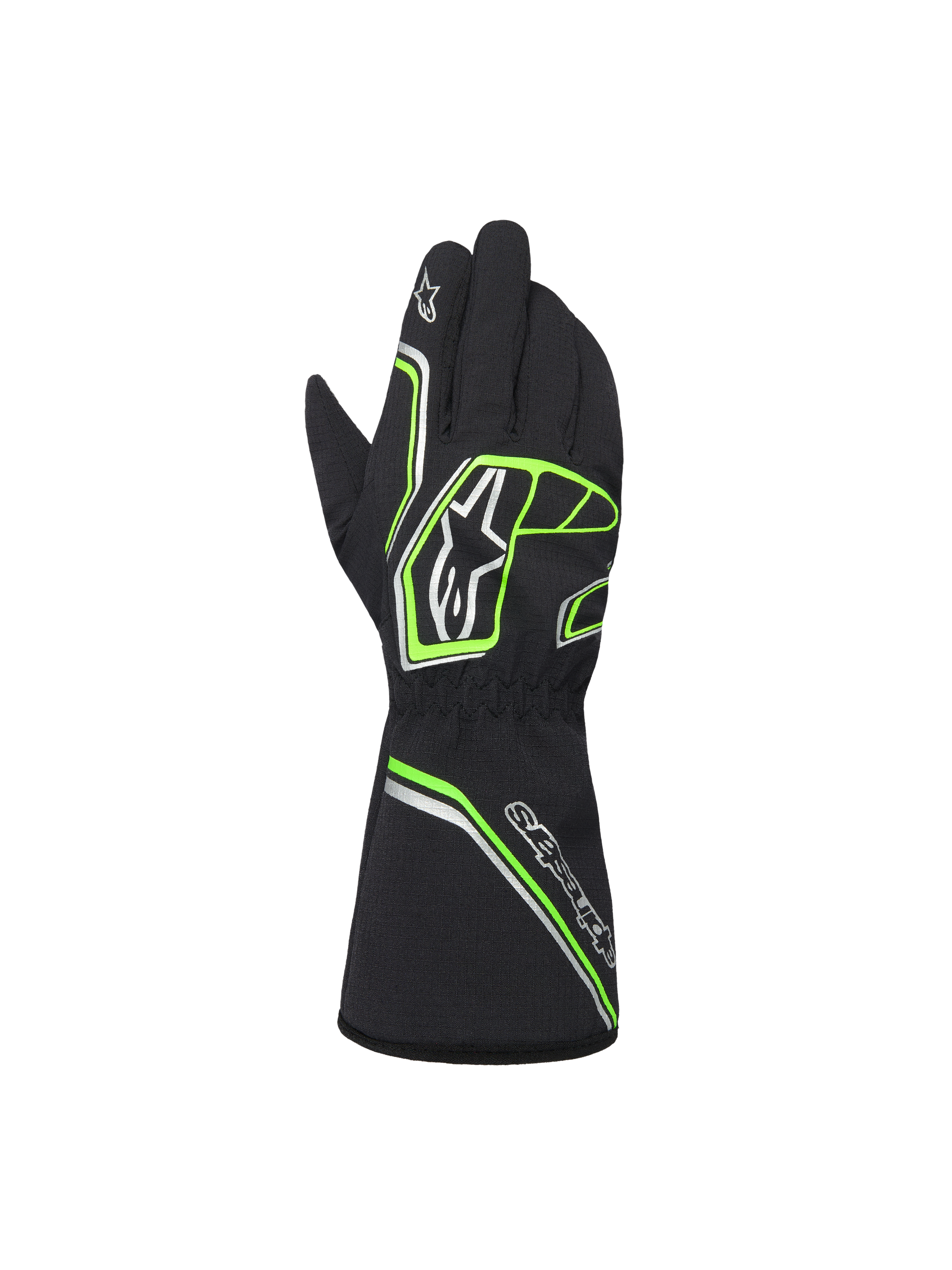 Alpinestars Youth Tempest V3 Waterproof S Gloves, Black with Neon Green and Silver accents, back view showing gauntlet style, fluo green geometric patterns and Astar logos, waterproof karting gloves for youth drivers