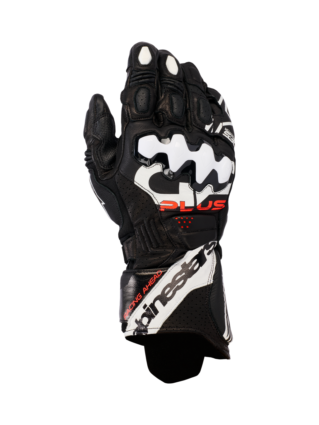 Gants en cuir Alpinestars GP Plus R V3, gants de course moto, noir avec accents blancs et rouges, dotés de protections d'articulations DFS blanches, cuir perforé pour la respirabilité et marquage Alpinestars imposant sur la manchette