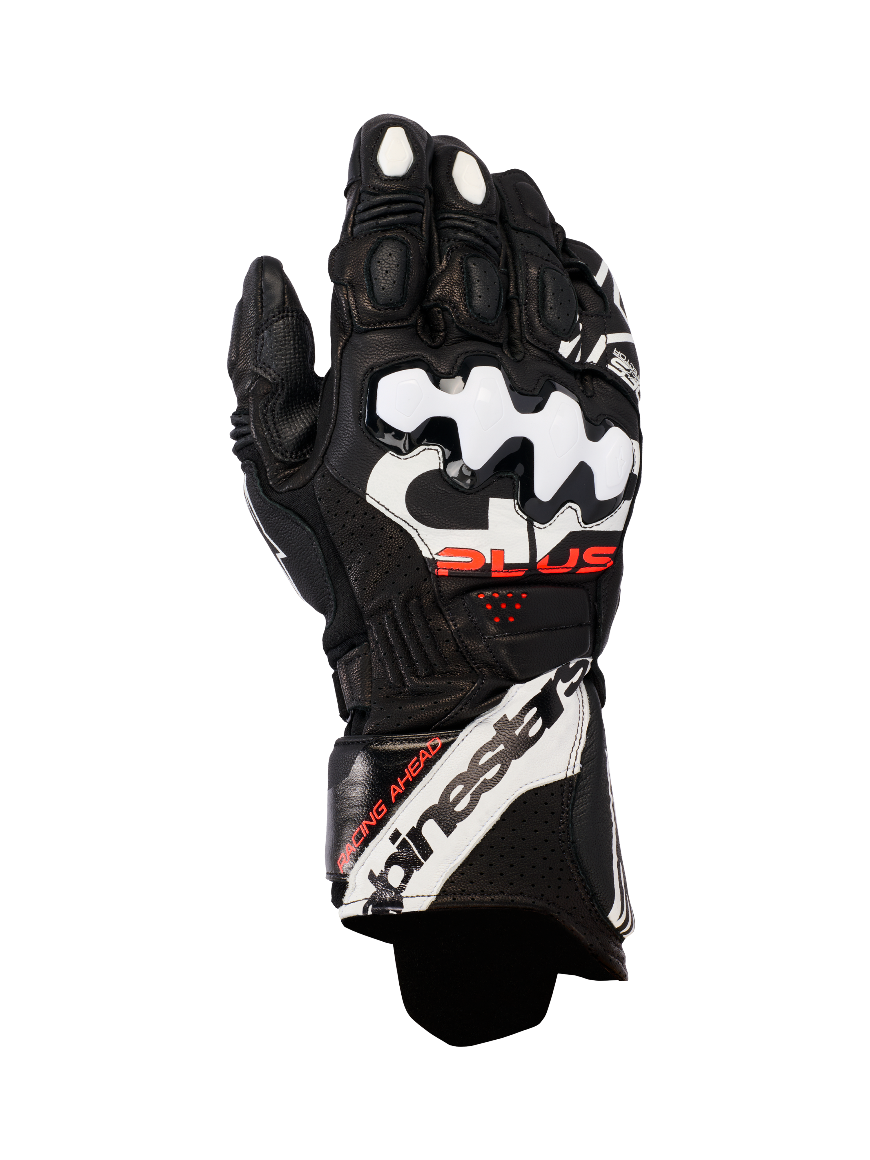 Gants en cuir Alpinestars GP Plus R V3, gants de course moto, noir avec accents blancs et rouges, dotés de protections d'articulations DFS blanches, cuir perforé pour la respirabilité et marquage Alpinestars imposant sur la manchette