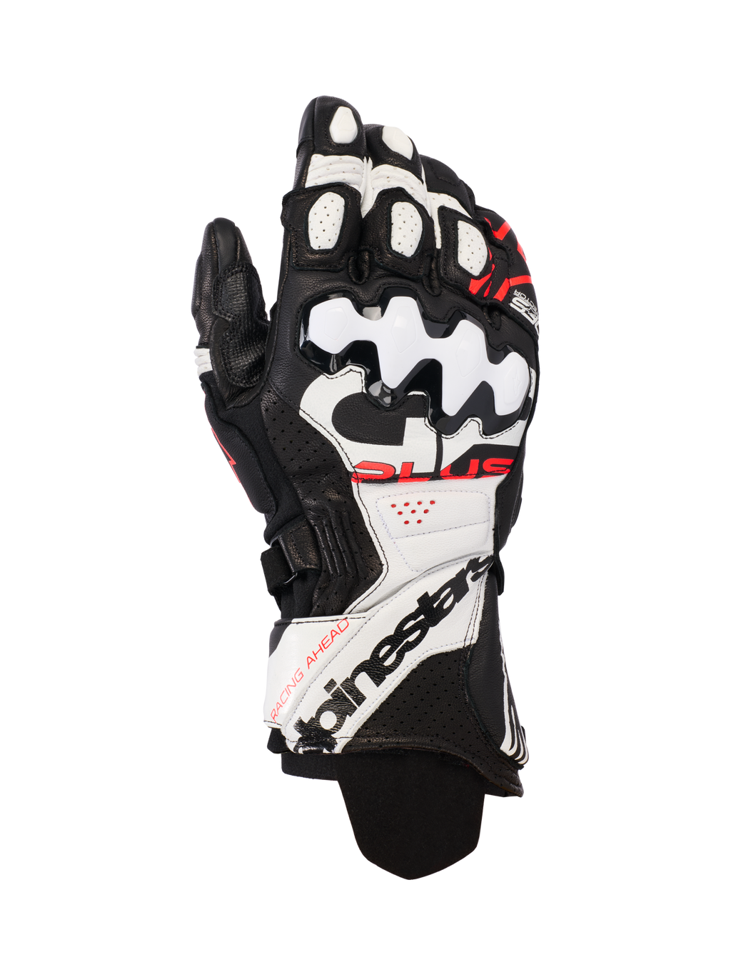 Alpinestars GP Plus R V3 Leather Gloves, gants de moto pour la course, noir, blanc et rouge fluo, construction en cuir premium avec protection des articulations en TPU rigide, panneaux perforés pour la ventilation et logo distinctif sur la manchette longue