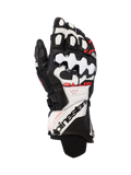 Alpinestars GP Plus R V3 Leather Gloves, gants de moto pour la course, noir, blanc et rouge fluo, construction en cuir premium avec protection des articulations en TPU rigide, panneaux perforés pour la ventilation et logo distinctif sur la manchette longue