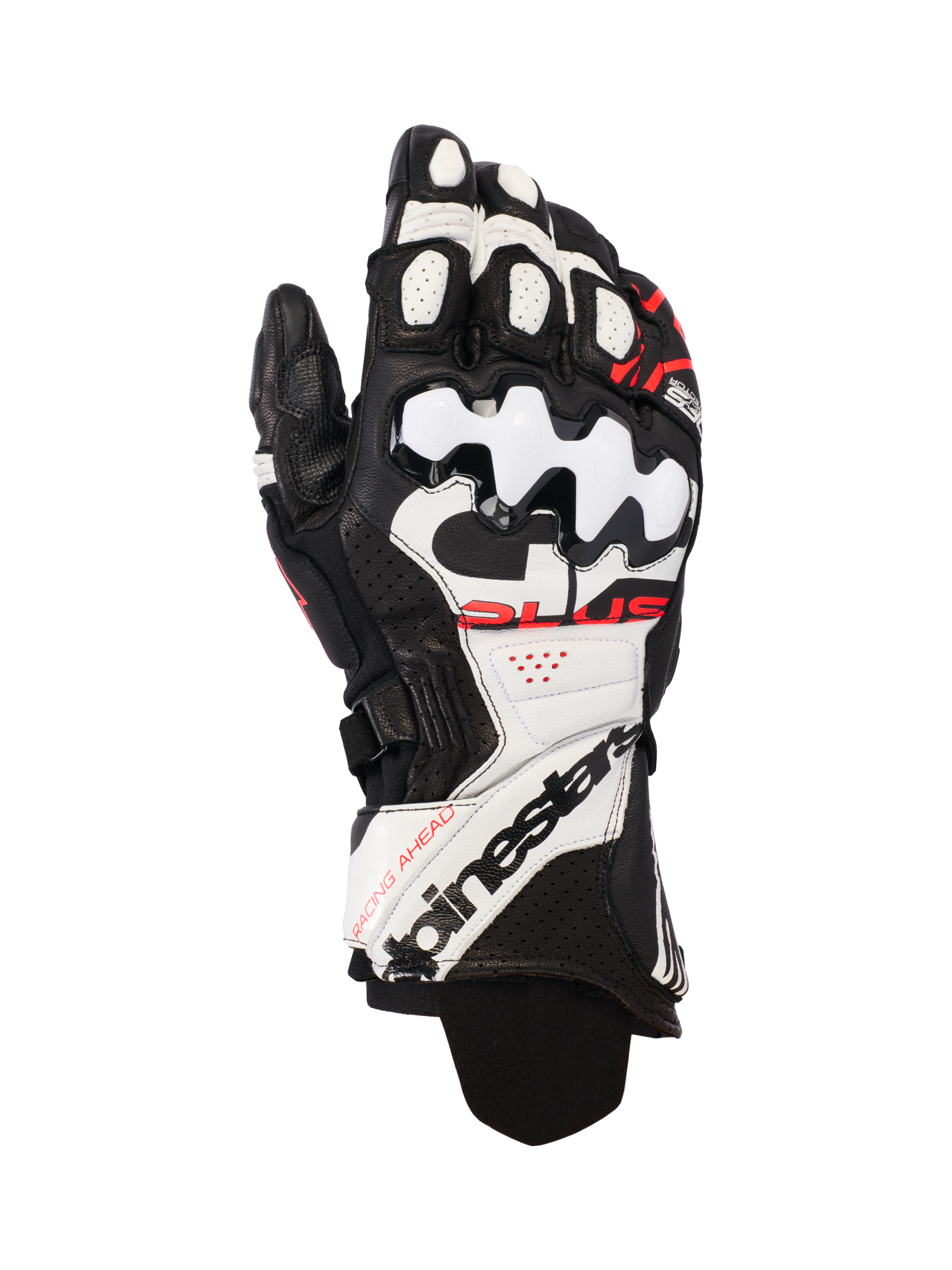 Alpinestars GP Plus R V3 Leather Gloves, gants de moto pour la course, noir, blanc et rouge fluo, construction en cuir premium avec protection des articulations en TPU rigide, panneaux perforés pour la ventilation et logo distinctif sur la manchette longue
