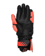 Gants en cuir Alpinestars GP Plus R V3, rouge vif, rouge fluo et noir, vue côté paume, avec zones de la paume et du pouce en cuir renforcé, manchette à gantelet ajustable avec accents rouges et logo, design racing professionnel