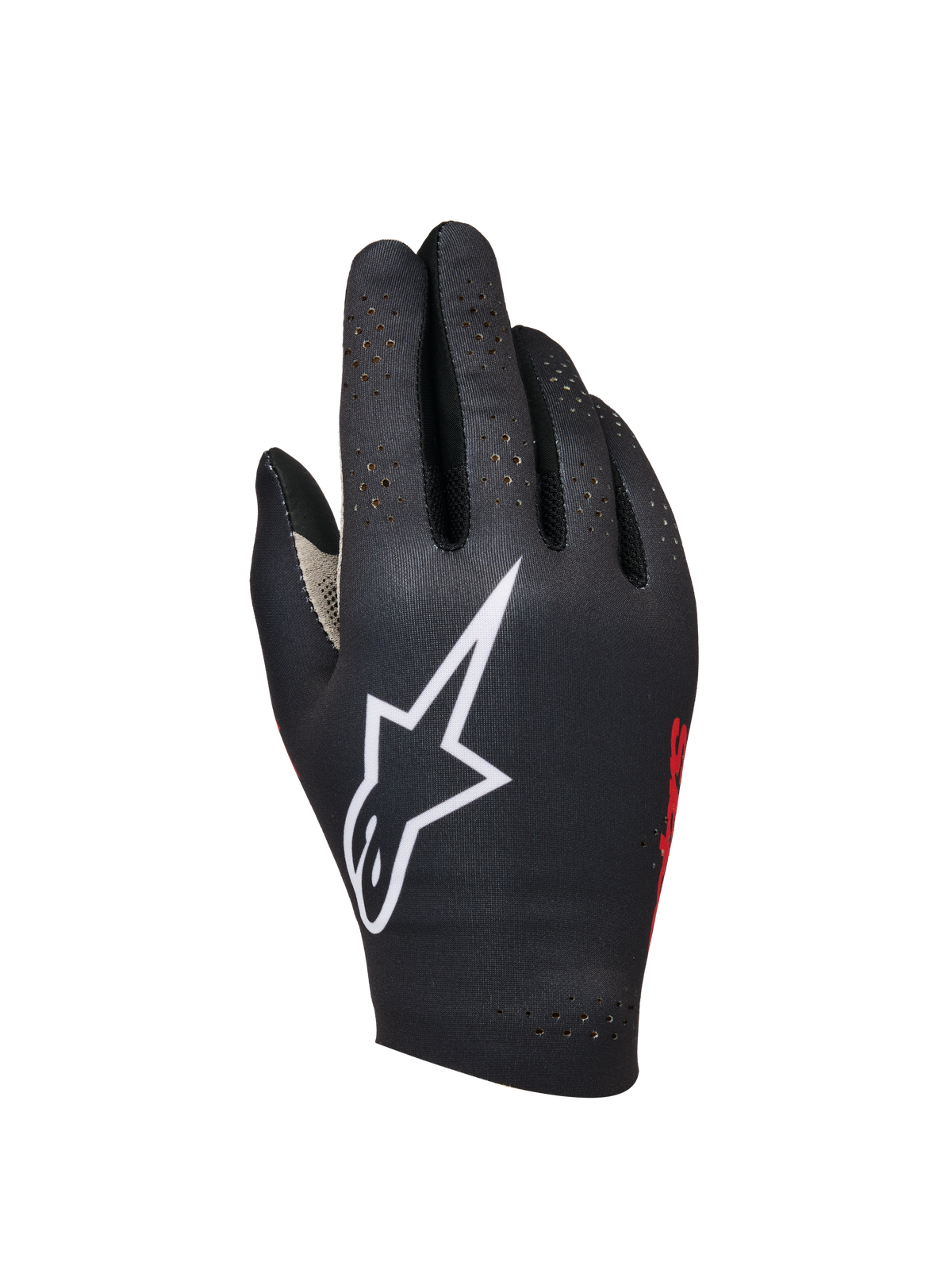 Alpinestars Sim Gloves Graphic 1, gants de Sim Racing, noirs avec grand logo étoile blanc, marquage latéral rouge, design perforé pour la ventilation, tissu extensible thermocollé léger